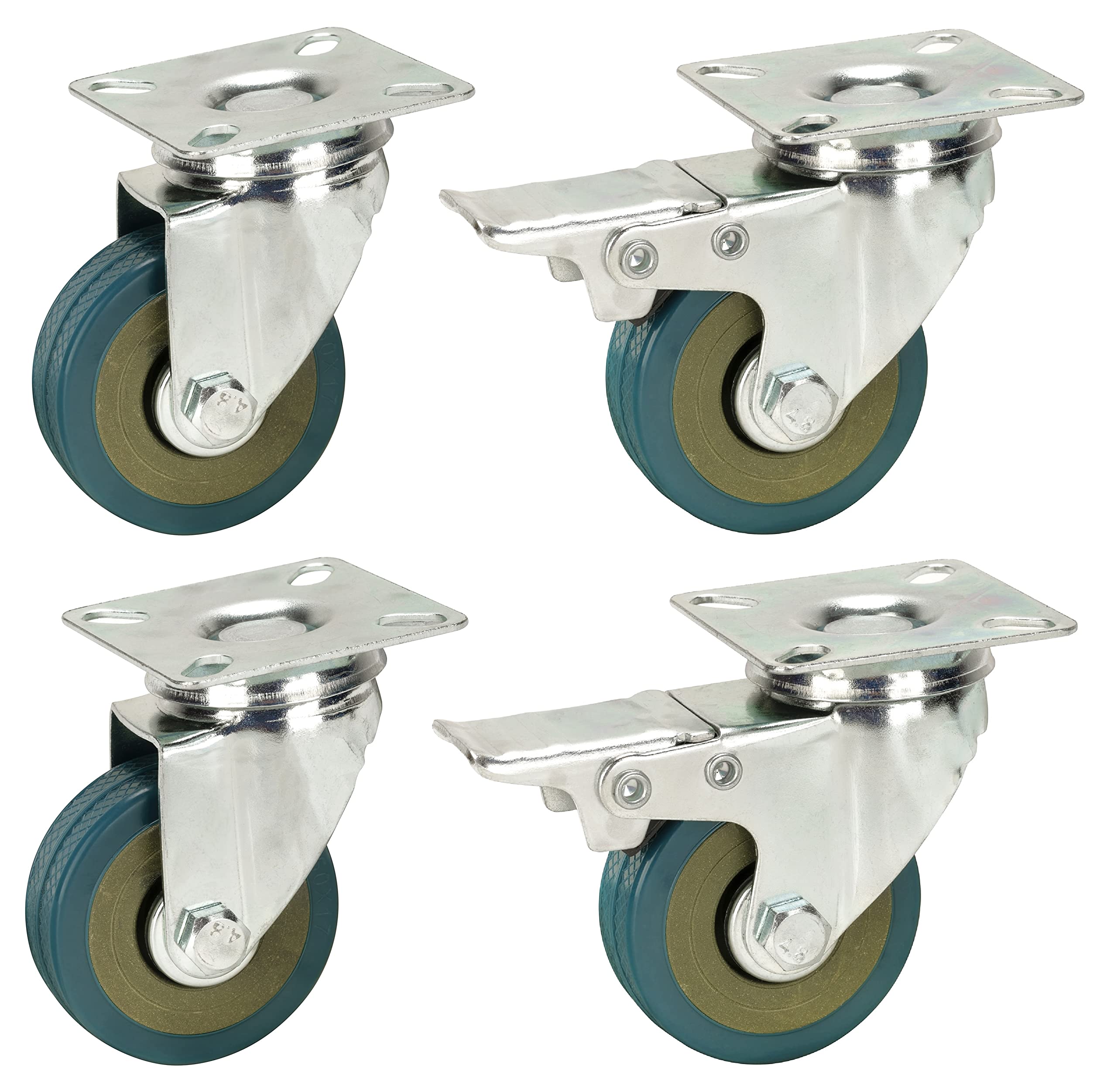 50mm Non Marking Grey Hard Rubber Castors with Brakes - Top Plate Fitting - Heavy Duty Casters Wheels by Bulldog Castors - Max 100Kg Per Set