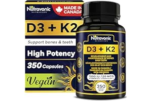 1 Year Bulk Vitamin D3 K2 High Potency 1000 IU D3 (25 mcg) / 120 mcg K2 (MK-7) - 350 Capsules Year Long Supply Vitamin D - He