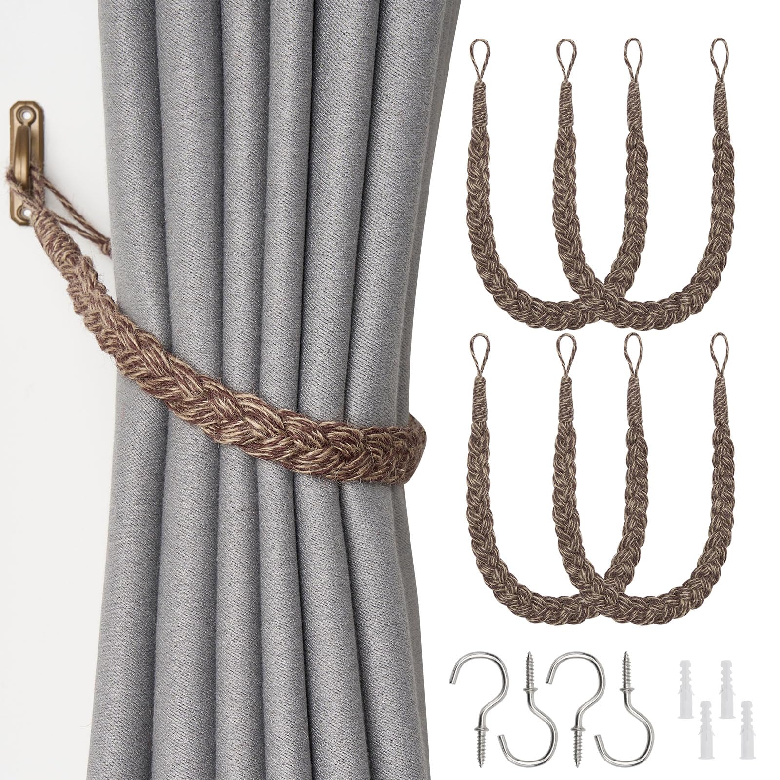 Pretty Jolly 4 Pack Natural Jute Rope Curtain Tiebacks Boho Rustic Style Decorative Drape Tie Backs Elegant Hand-Woven Rope Curtain Holdbacks with Metal Hook for Home & Office Drapery (Jute-Coffee)