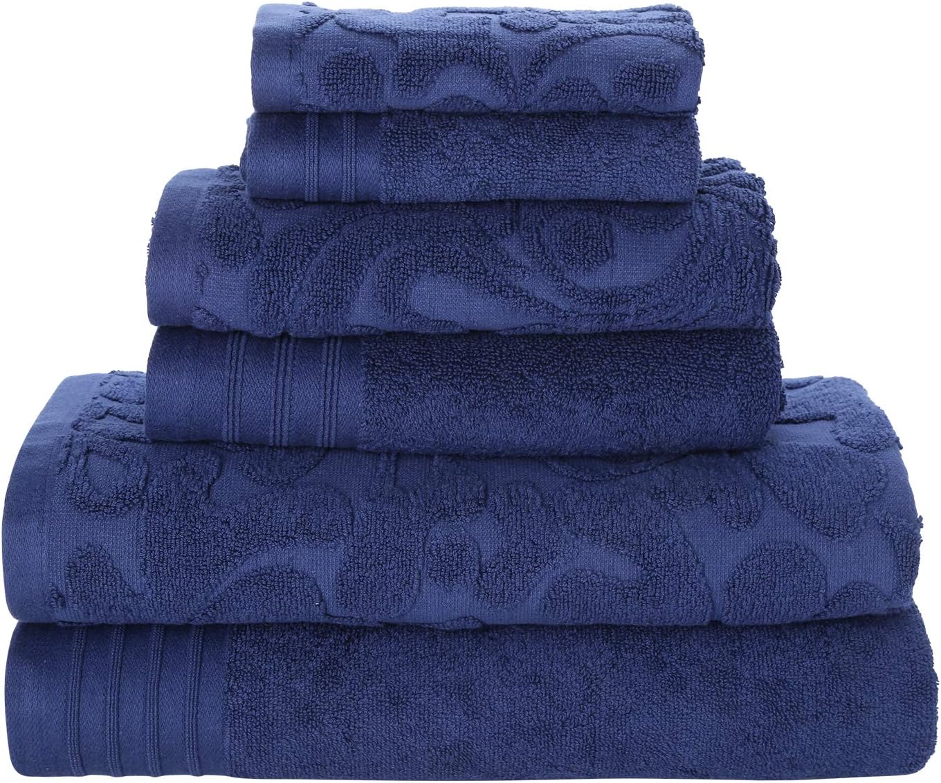 600 GSM Ultra Soft Luxury 6-Piece Towel Set - Heart - Jacquard & Solid (Navy Blue): 2 Bath Towels, 2 Hand Towels, 2 Washcloths -Spa Hotel Quality, Super Absorbent, Machine Washable