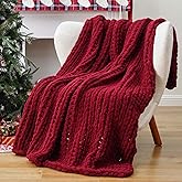 Battilo Dark Red Chunky Knit Throw Blanket, Christmas Red Throw Blanket for Couch, Super Soft Cozy Warm Blankets, Burgundy Chenille Throw Blanket for Living Room, Christmas Decorations, 50"x60"