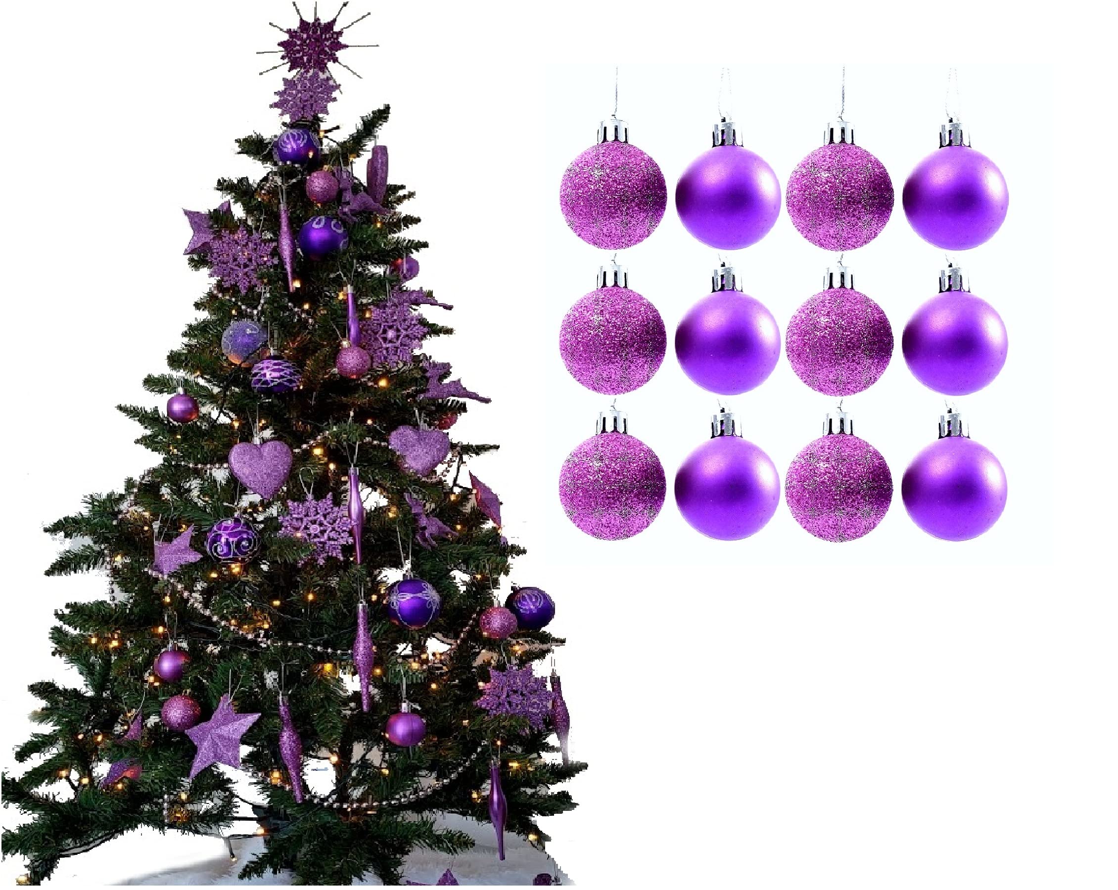 Simply Products Christmas Tree Decoration Baubles 3.8cm - Great Christmas Tree Hanging Ball Decorations, Matte & Glitter Baubles Pack of 12-3.8cm (Lilac Matte & Glitter)