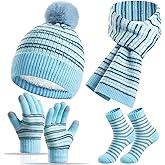Kids Winter Hat Gloves Scarf Socks Set 4Pcs, Toddler Pom Beanie Warm Knit Scarf Fleece Mittens Socks for Girls Boys Aged 3-8
