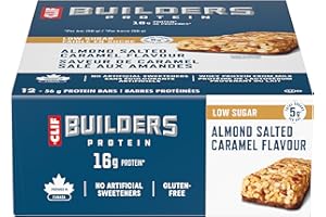 CLIF BUILDERS Low Sugar Protein Bars, 12 pack of 56g bars, 16g Protein, 5g Sugar, No Artificial Sweeteners, Almond Salted Car