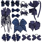 School Hair Accessories Set 14 Pcs Uniform Hair Bow Headband Clips Hair Ties Curly Korker Bows for Little Toddler School Girls (Navy)