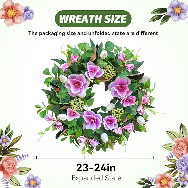 SPRING WREATHS FOR FRONT DOOR OUTSIDE– 24 INCH SPRING DOOR WREATH WITH PINK MAGNOLIA AND ANEMONE FLORAL WREATH WITH GREENERY,COLORFUL WELCOME SUMMER WREATHS FOR FRONT DOOR (GREEN)