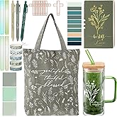 Singhoow 29 Pcs Bible Journaling Kit Christian Glass Cup Canvas Bag Leather Notebook Highlighters and Pens Sticky Notes Tapes Paper Clips Bible Study Supplies for Mom Pastor's Wife(Green)