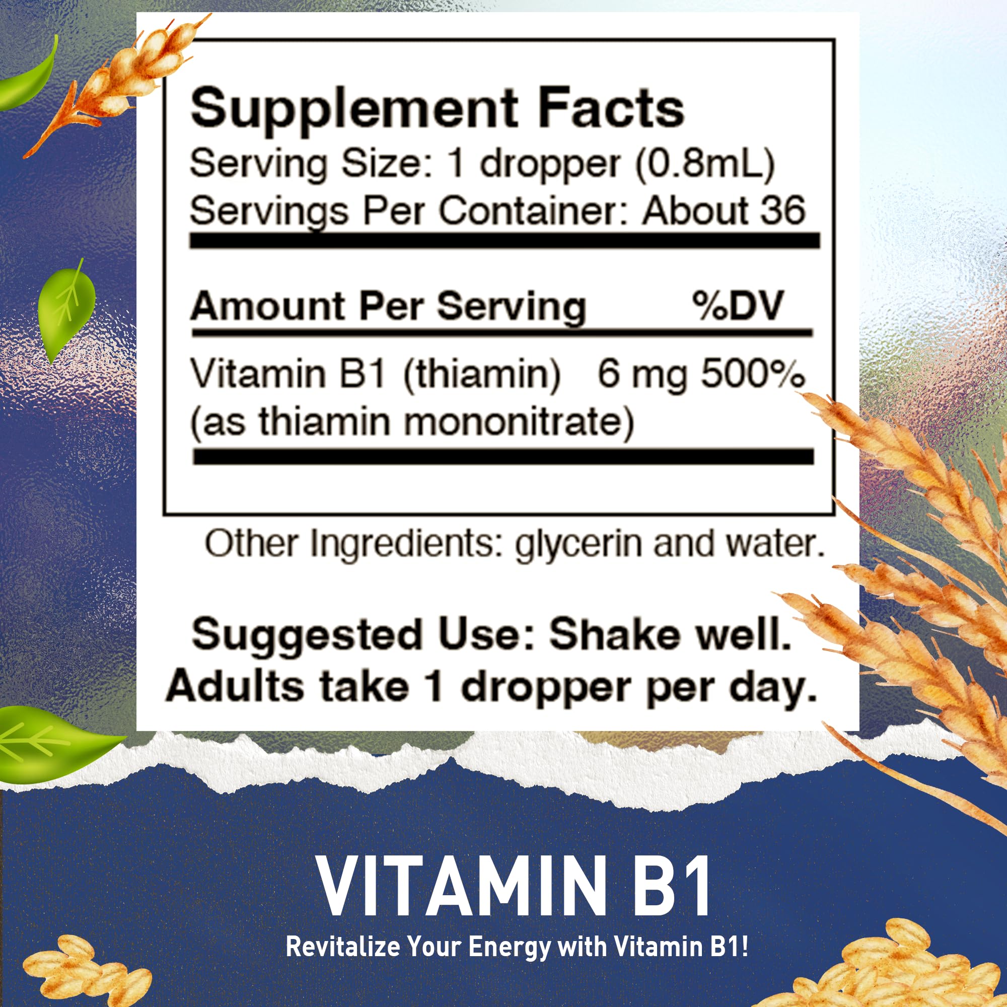 Vitamin B1 Thiamine Liquid Drops - Made in USA - Natural High Potency Fast Absorption Thiamine B1 Supplement for Men, Women & Kids – Vegan Formula - Bulk Sizes Also Available