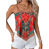 Milumia Women's Boho Floral Hanky Hem Cami Top Vintage Spaghetti Strap Bandana Tops