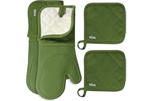 Klex Extra Long Silicone Oven Mitts and Pot Holders, 932°F Degrees Heat Resistance with Quilted Liner Oven Gloves and Hot Pads, 4 Piece Set, 15 inch, Green