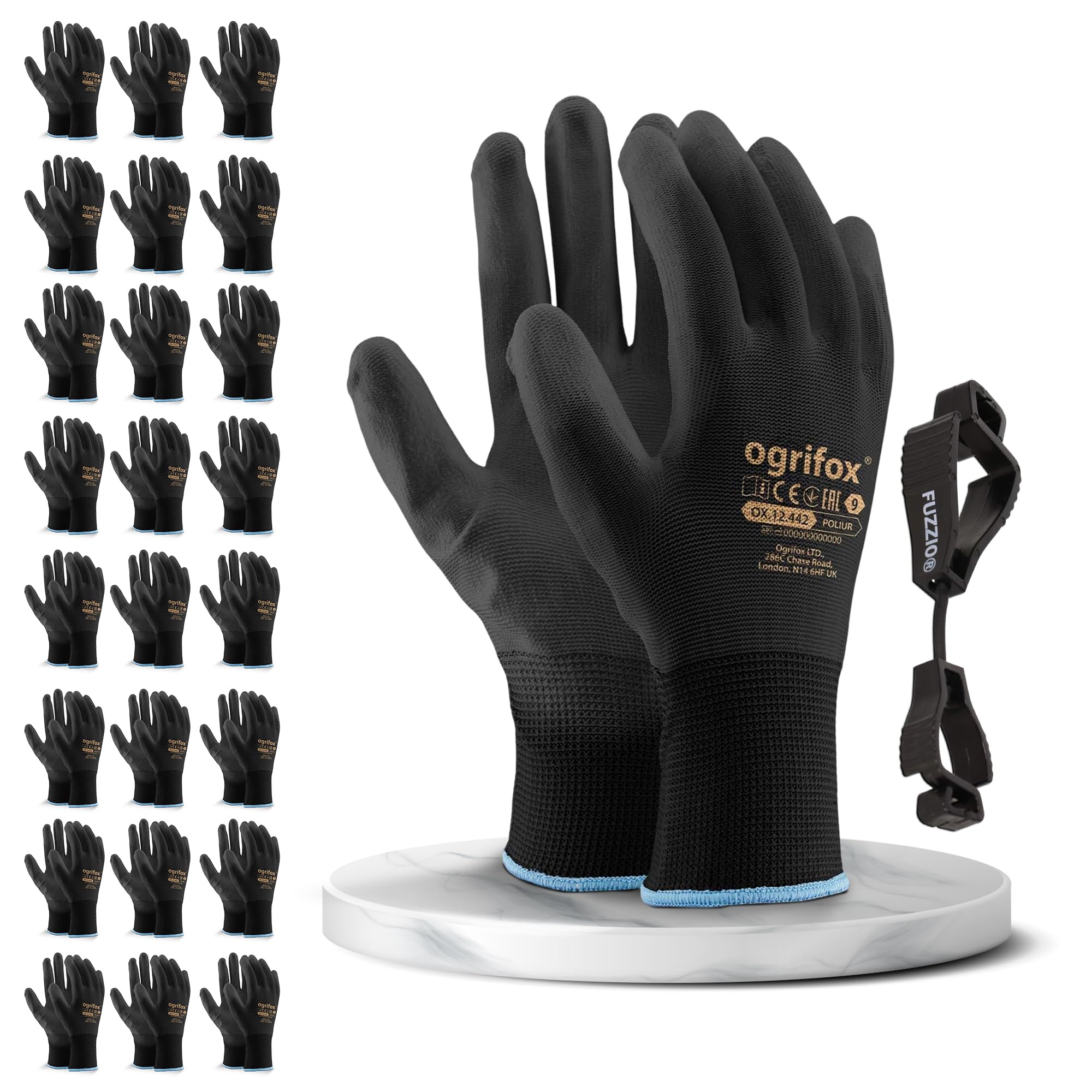 24 pairs PU coated work gloves Gardening Mechanic and FUZZIO clip glove holder (L - 9, Black)