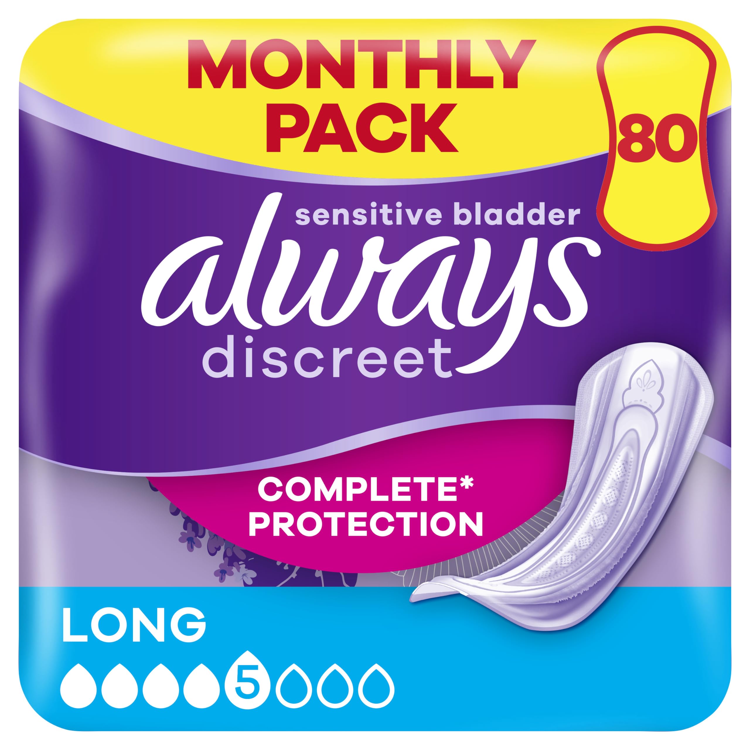 Always Discreet Incontinence Pads Long, 80 Pads (4 x 20 Pieces) Monthly Pack, Discreet Protection & High Absorbency, Odour-Neutralising (Packaging May Vary)