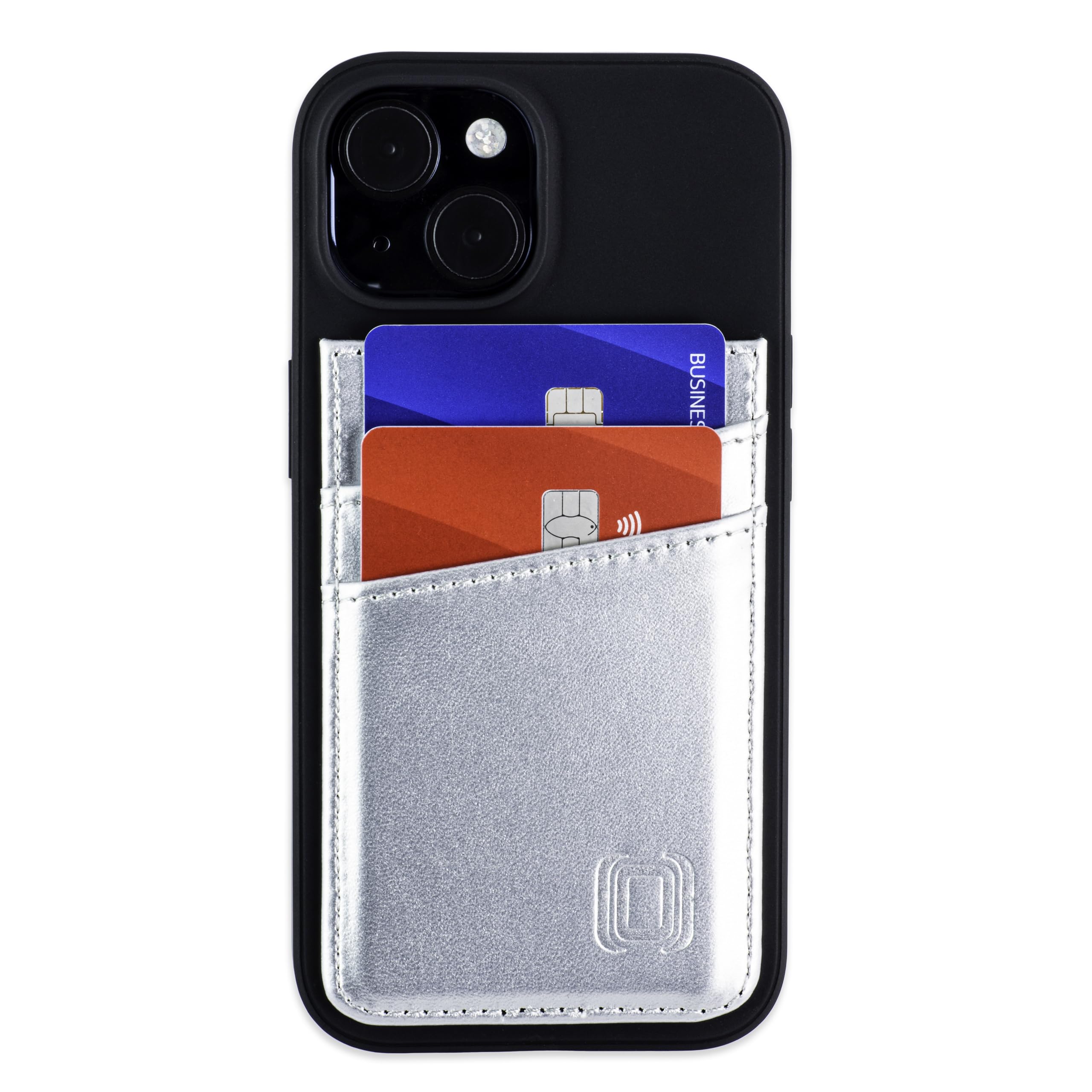 Dockem Card Case for iPhone 15 with Recycled TPU Shell & 2 Stitched-on Card Slots, Recycled Synthetic Leather Wallet (N2R, Silver)