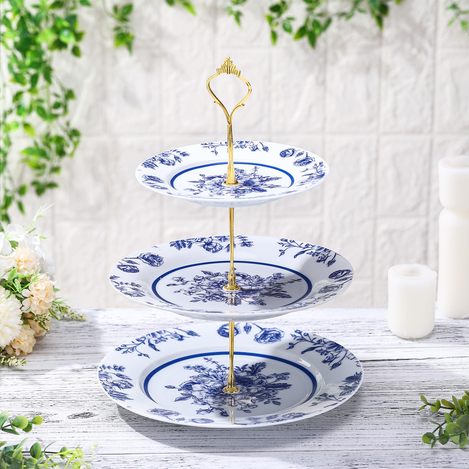 Photo 1 of Lallisa Blue Floral 3 Tier Dessert Stand 10", 9" and 7" Ceramic Vintage Chinoiserie Tea Party Tiered Tray Cake Stand Display Holder Tower for Something Blue Before I Do Bridal Shower Decorations