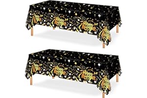 PHOGARY New Years Decorations 2026 Disposable Plastic Tablecloth, Rectangle Black Gold NYE Table Covers for Happy New Years Eve Party Supplies 2026, 2pcs