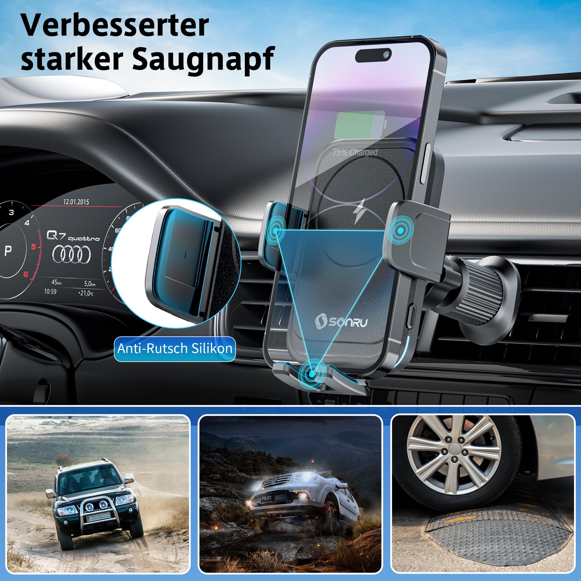 SONRU Handyhalterung Auto mit Ladefunktion,15W Kfz Handyladestationen Handy Halterung Auto Induktives Laden,Handyhalterung Auto Lüftung Saugnapf für Samsung iPhone LG Google Pixel 7