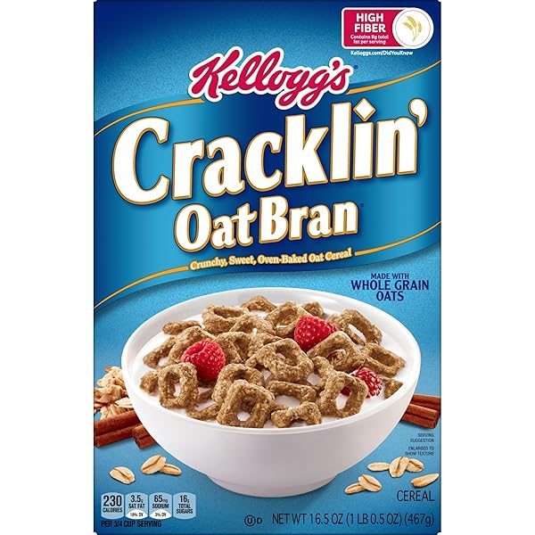 KELLOGG’S CRACKLIN’ OAT BRAN BREAKFAST CEREAL, FIBER CEREAL, FAMILY CEREAL, ORIGINAL, 16.5OZ BOX (1 BOX)