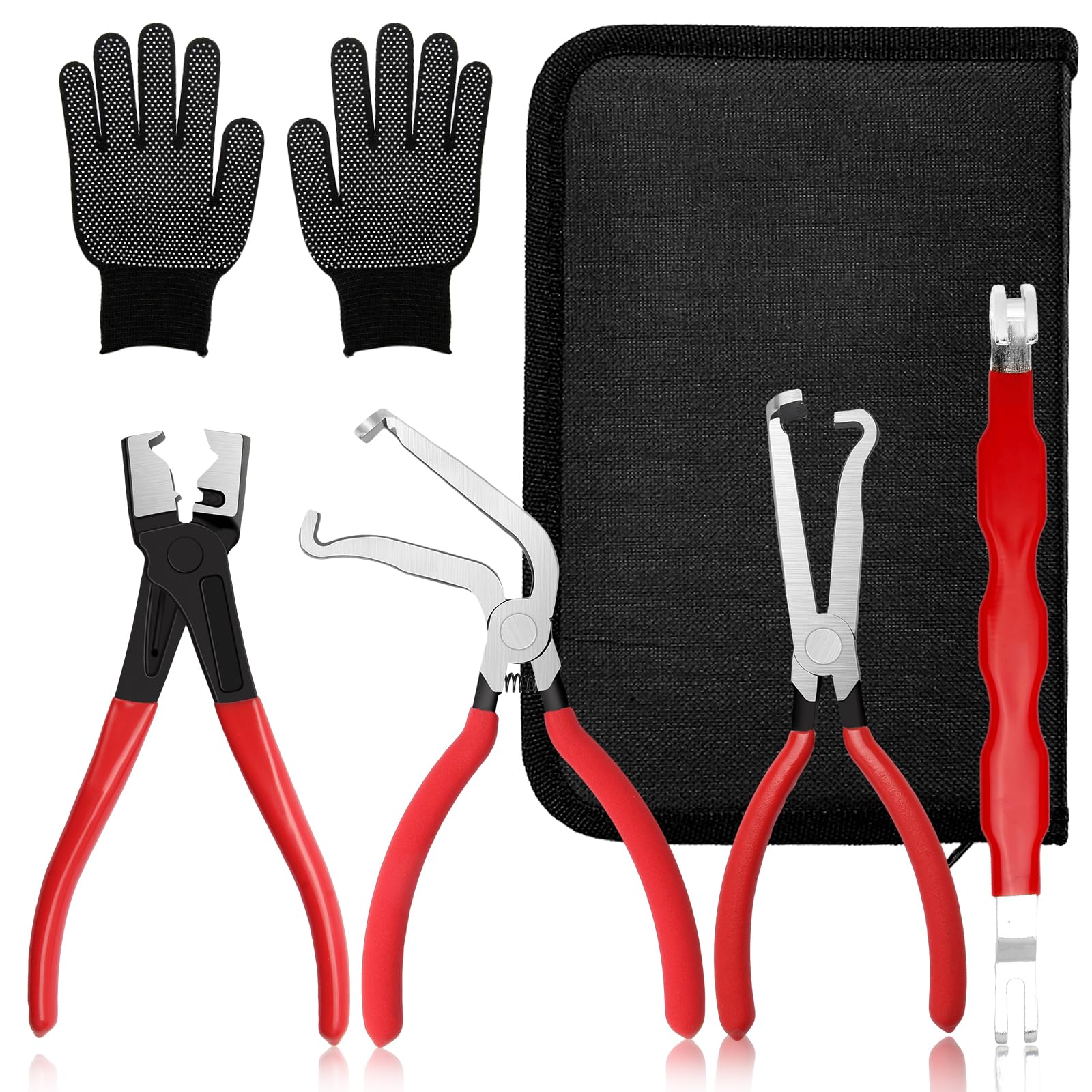 Photo 1 of ?5-Pcs Kit?Electrical Disconnect Pliers Set w/Gloves - Auto Connector Tool for Fuel Line, Wiring, Sensors & Coils | Quick-Release Car Truck Repair (Red)