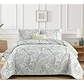 WONGS BEDDING Boho Quilt Set Queen,Green Paisley Floral Pattern Bedspread Coverlet Set with 2 Pillowcases,3 Piece Lightweight Microfiber Bohemian Quilt Bedding Set 96"×90"
