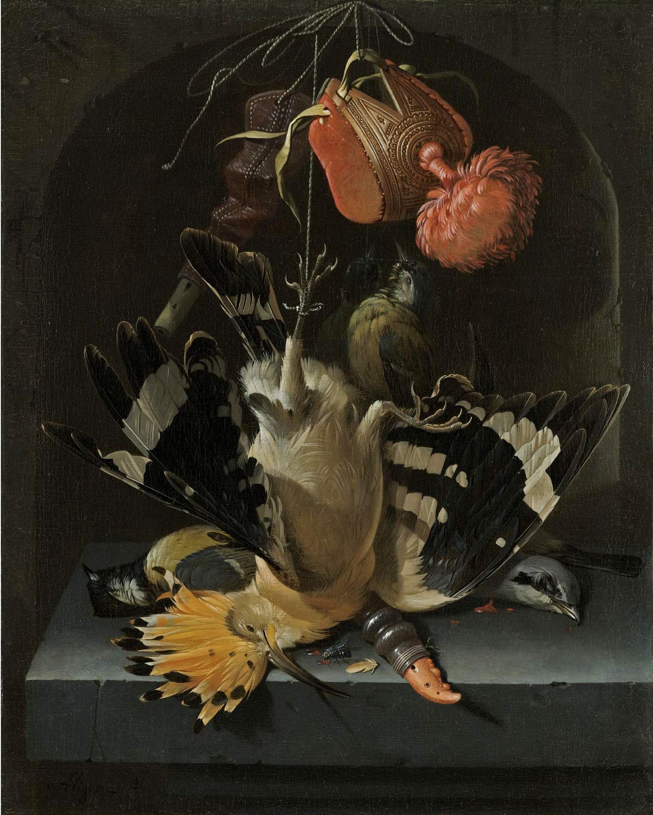 Abraham Mignon Still Life with a hoopoe, a Great tit, a Falconry Hood and a Decoy Whistle Private Co