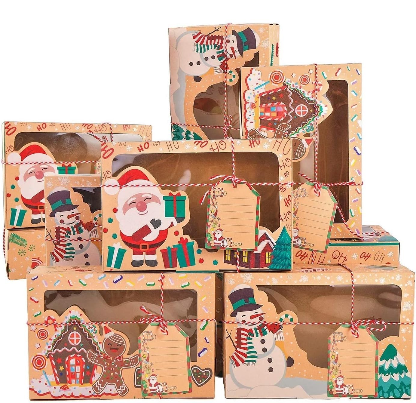 KAHEIGN 12Pcs Christmas Cookie Boxes, 22 x 15 x 7CM Gift Boxes Cupcake Boxes with Clear Window, Bakery Treat Boxes Chocolate Candy Box for Holiday Thanksgiving Xmas Birthday Party Supplies with Tags