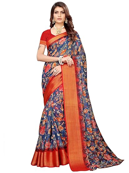 Women's Linen Saree with Blouse Piece (BGBLT_ Saree_Free Size)