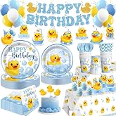 Xynic 218PCS Duck Birthday Decorations, Rubber Duck Party Set Serves 25 | Includes tableware, banner, balloons, tablecloths, and cake decorations for an all-in-one duck birthday party setup