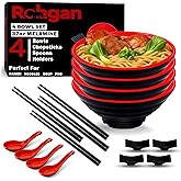 ROHGAN 32oz Japanese Ramen Bowl Set – Red & Black Melamine Pho Bowls with Chopsticks, Spoons & Holders – Durable, Dishwasher-Safe Dinnerware for Ramen, Udon & Soups (20-Piece Set)