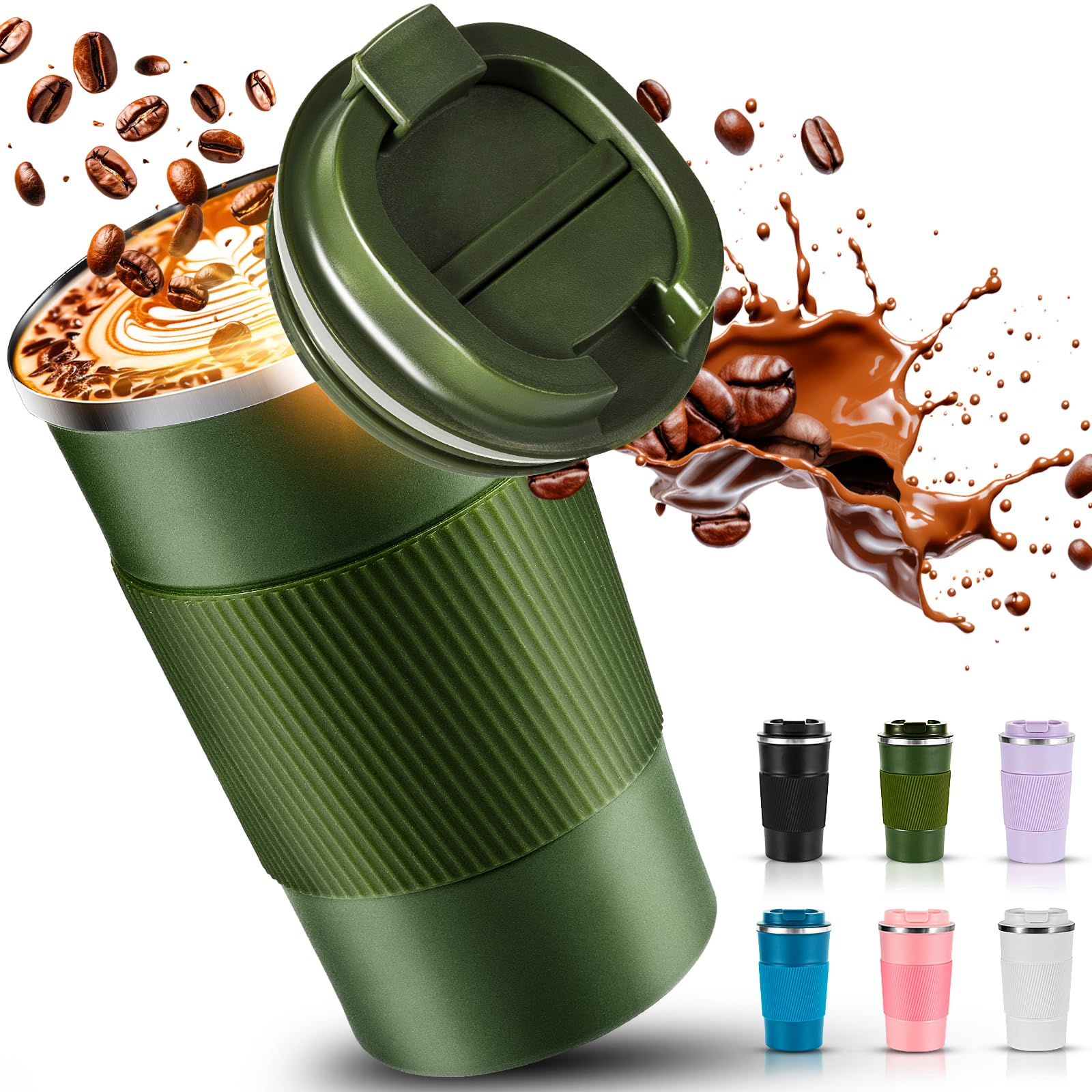 SENBSLAN Travel Mug,510ml Insulated Coffee Cup with Leakproof Lid,Non-Slip Coffee Travel Mugs for Hot Drinks,Double Walled Stainless Steel Thermal Mugs for Hot Cold Drinks (Green)