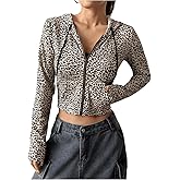SOLY HUX Women's Leopard Print Zip Up Cropped Hoodies Sweatshirt Drawstring Long Sleeve Casual Jacket