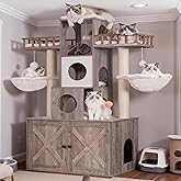 Heybly Cat Tree with Litter Box Enclosure for Indoor Big Cat, Cat Tower for Large Cats 20 lbs Heavy Duty, Modern Cat Condo Fu