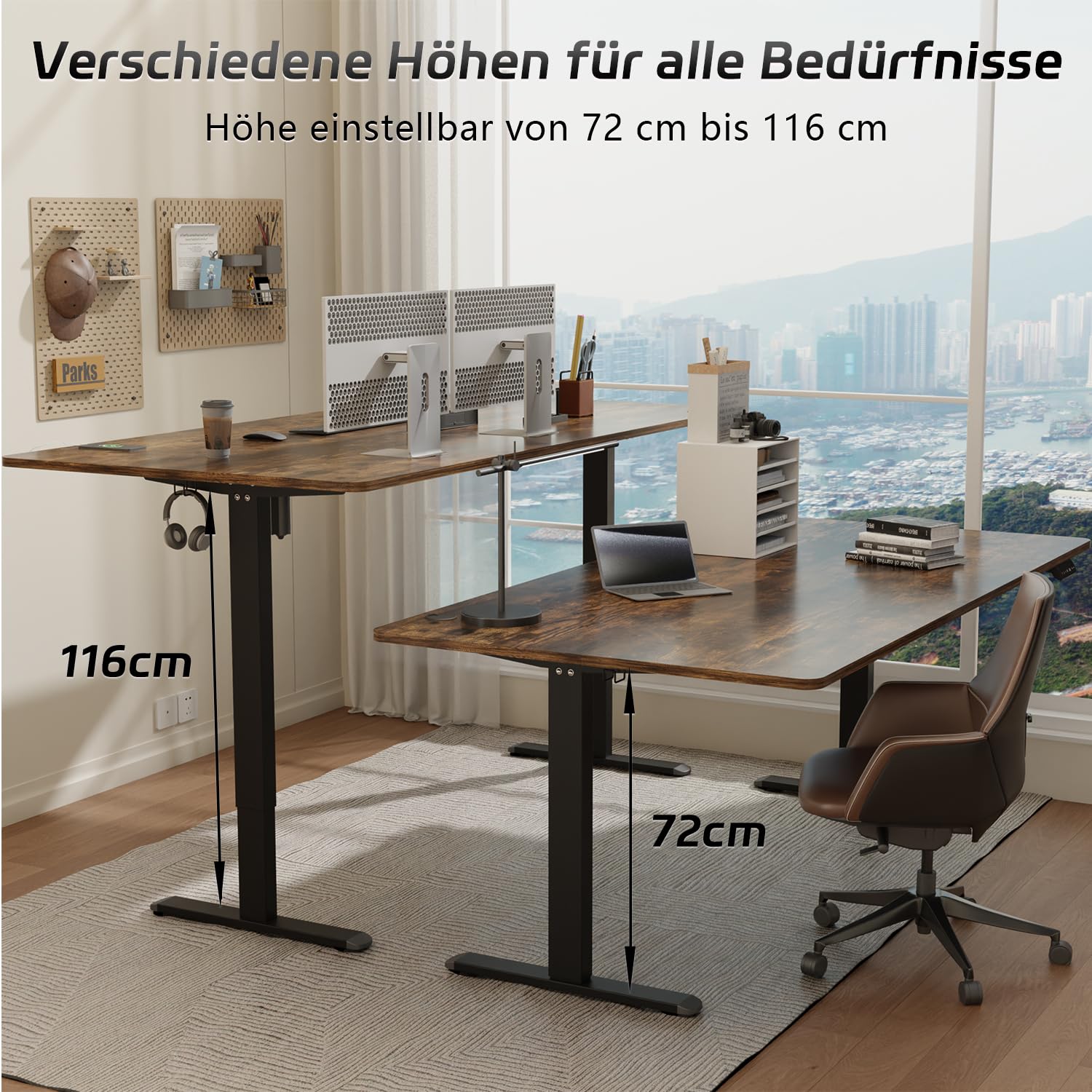 Airfish Höhenverstellbarer Schreibtisch 140x70 cm, Elektrisch Schreibtisch mit Kabelwanne, Computertisch mit USB-Buchse, Bürotisch, Stehpult mit Erinnerung an sitzende Tätigkeiten, Vintage-Braun 6