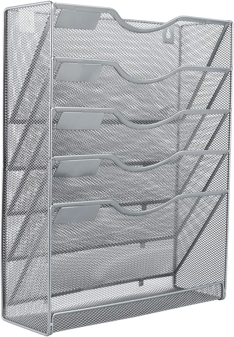 EasyPAG Mesh Wall File Holder 5 Tier Vertical Mount Hanging Organizer with Bottom Flat Tray, Silver : Office Products