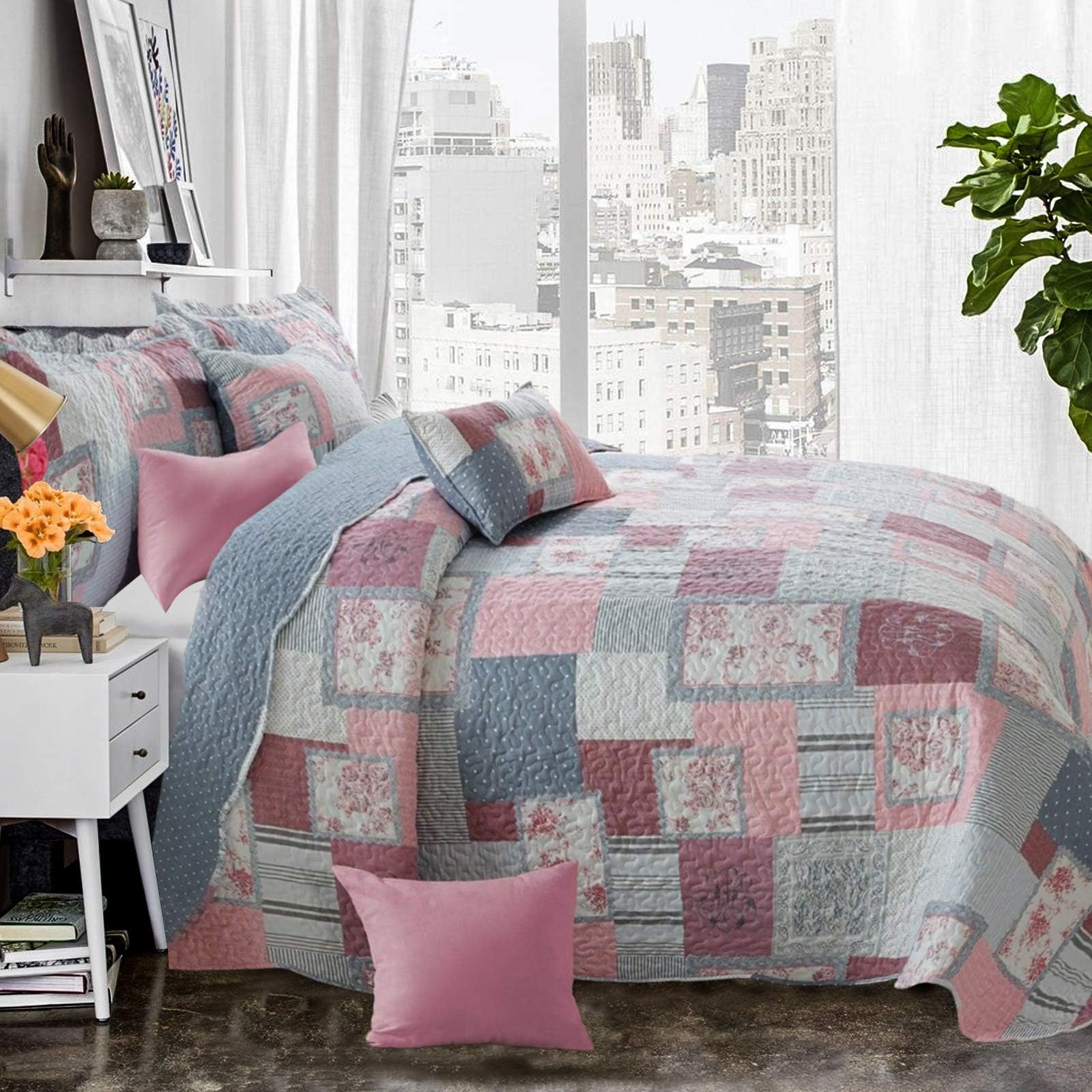 3 Pcs Patchwork Bedding Sets Quilted Bedspread Throw Pillows Comforter Bed Set (Fine Decor, 3 PC Bedspread King)
