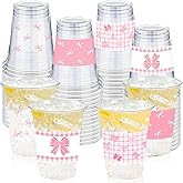 50 Pcs Pink Bow Birthday Decoration Cups,16 oz Coquette Plastic Disposable Drinking Cups for Wedding Birthday Bridal Baby Shower Party Supplies