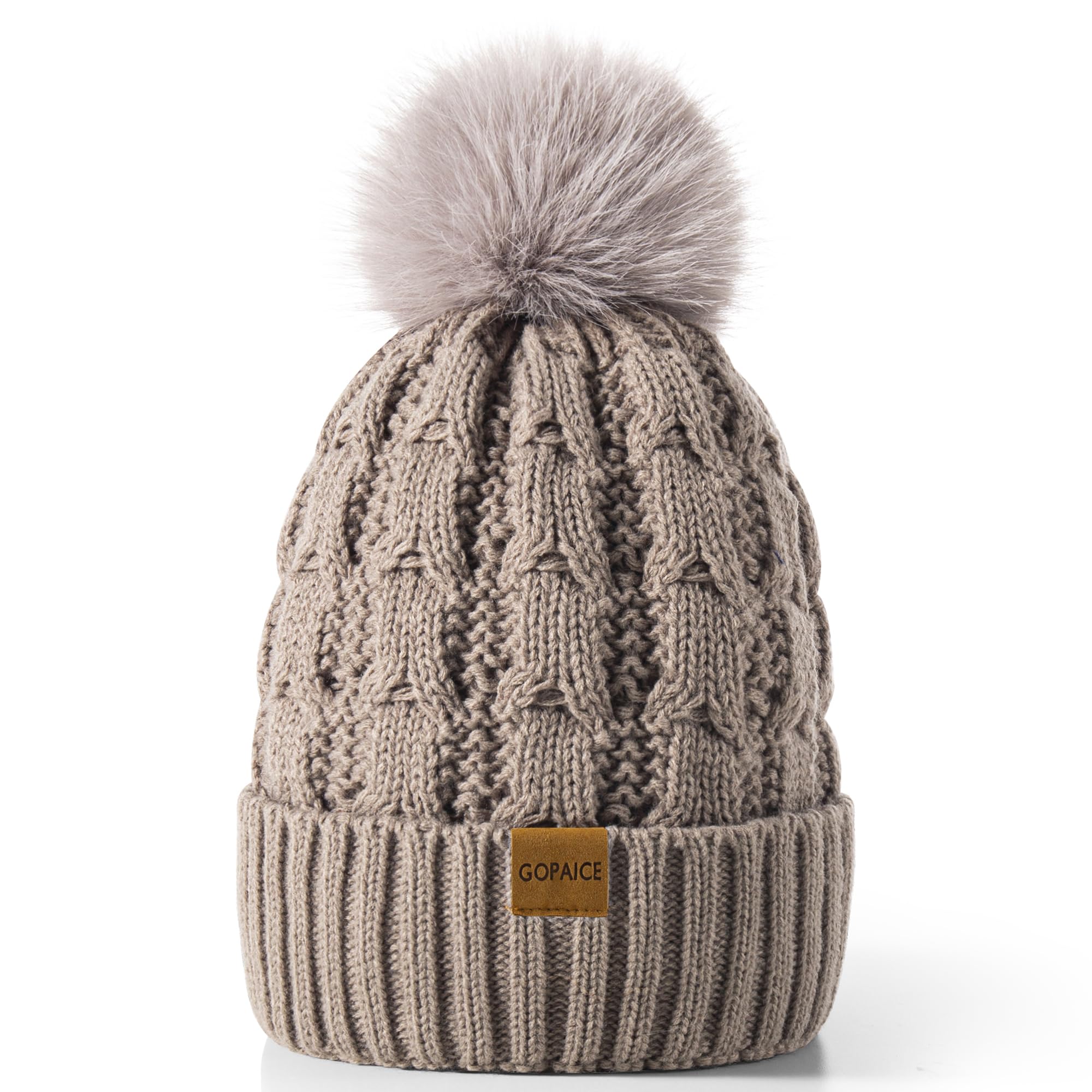 Gopaice Womens Winter Knitted Beanie Hat,Warm Fleece Lined Soft Chunky Trendy Ski Cap with Cute Pom Pom Light Gray