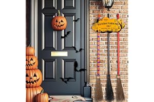 SNILOAW Halloween Cute Creative Wall Decorations For Porch- Broom Parking Sign With 3 Wooden Witches Brooms-Outdoor Front Porch Or Indoor Living Room Wall Halloween Decoration