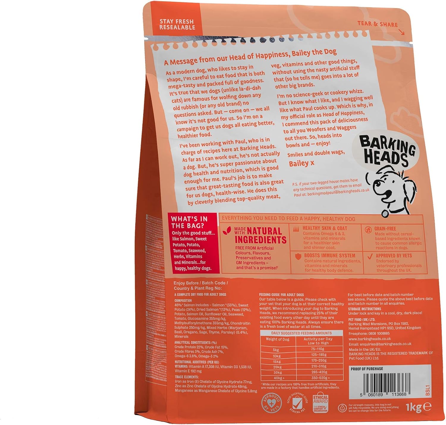 Barking Heads Complete Dry Dog Food 1kg x 4, Adult All Hounder Hair Necessities Salmon - Image 4
