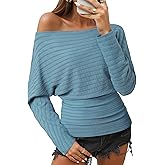 Unixseque Women Off The Shoulder Tops Fall Trendy Long Batwing Sleeve Knit Pullover Going Out Shirts Winter Fashion Clothing