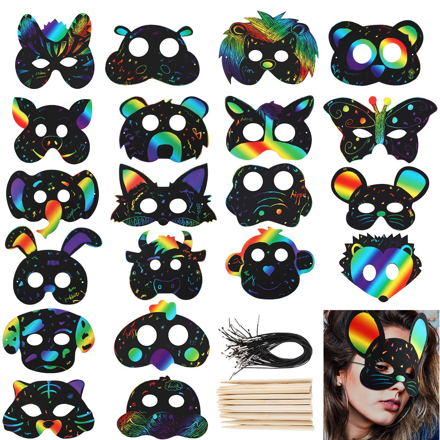 Gejoy 40 Sets Scratch Paper Animal Masks Colorful Scratch Mask with Elastic Band and Wood Stylus for Animal Themed Party Supplies and DIY