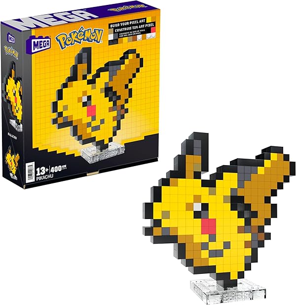 MEGA Pokémon Pikachu - zusammenbaubare Pixel Art Figur mit Retro-Look, inklusive Basis zur Wandmontage, für Erwachsene Baumeister und Sammler, HTH74