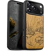 Carveit Magnetic Wooden Case for iPhone 17 Pro Case, Wood Artisan Engraved & Black Soft TPU Shockproof Cover, Compatible with MagSafe Wireless Chargers (The Lake and Mountain Landscape) Cherry