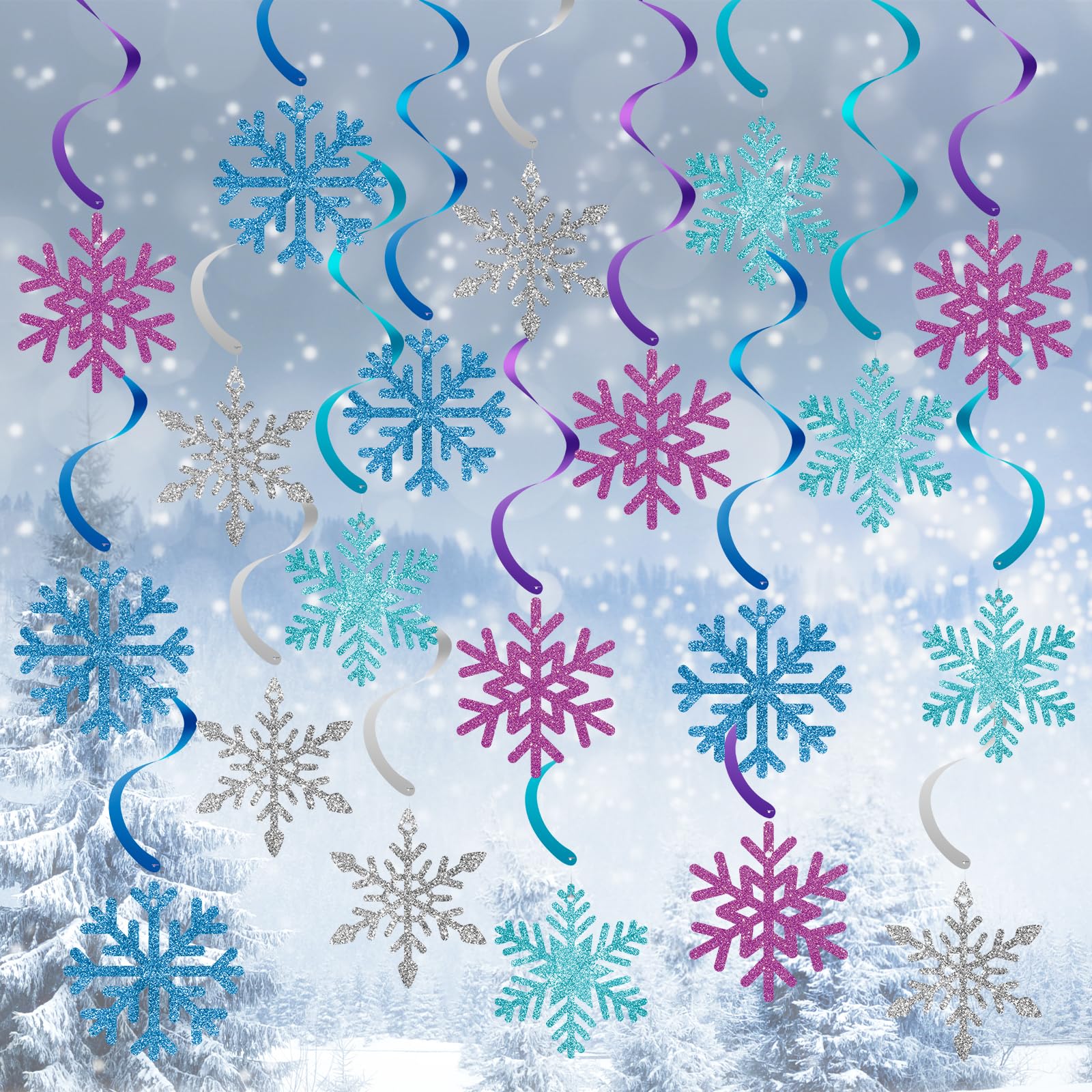 Photo 1 of 20 Pack Frozen Snowflake Hanging Decorations - Winter Snowflakes Hanging Swirls Ceiling Streamers, Glittery Snowflakes Ornament for Wonderland Frozen Party Decorations, Birthday and Christmas Decor