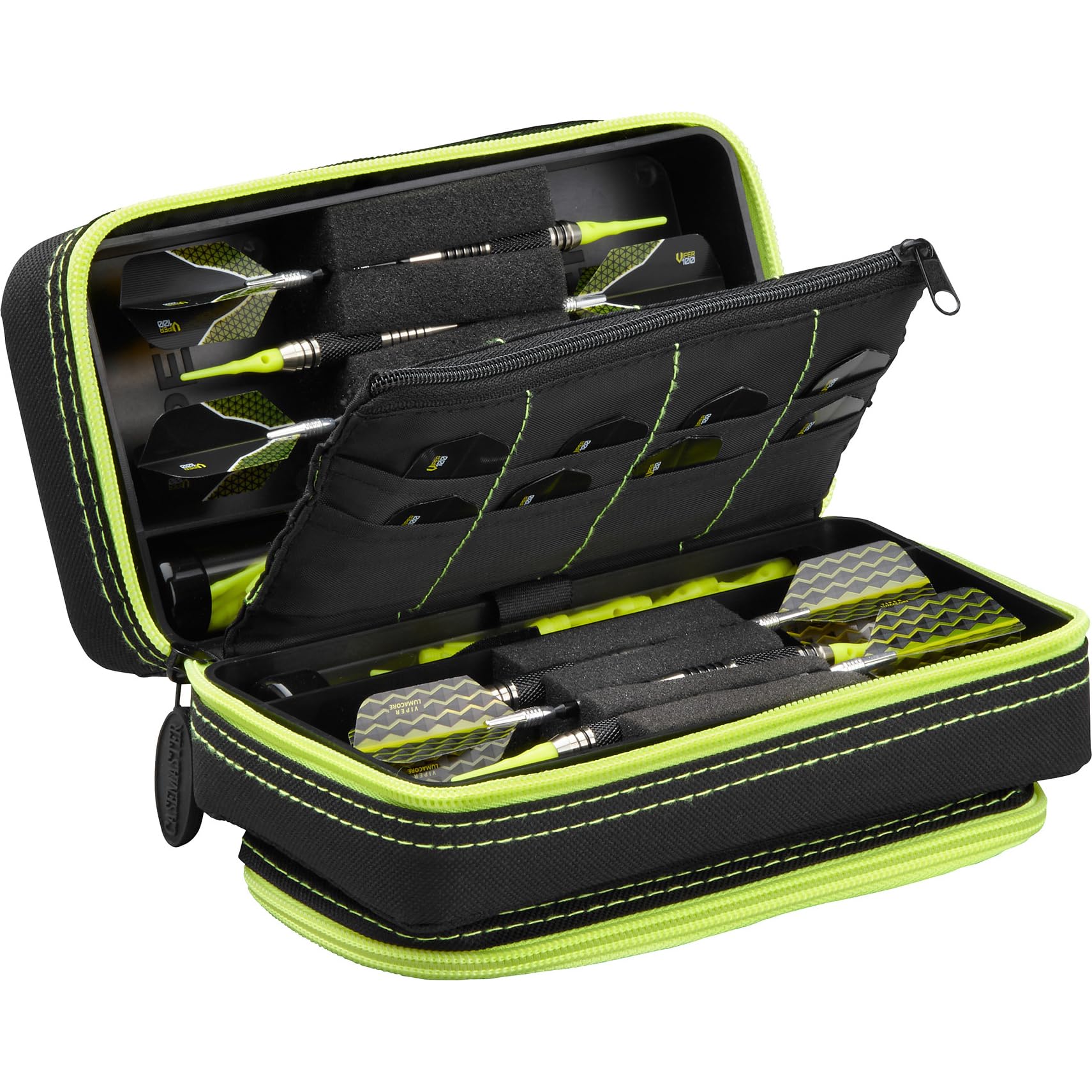 Casemaster Plazma Pro Yellow Trim, 6 Dart Case for Soft and Steel Tip Darts, Features Large Front Mobile Device Pocket, Built-In Storage Tubes and Pockets for Flights, Tips, Shafts, and Personal Items