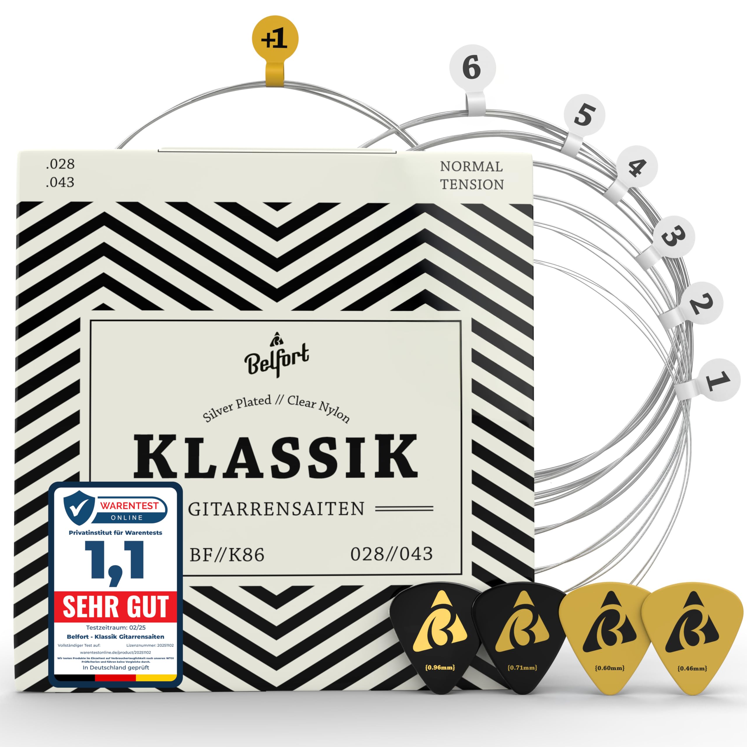 BELFORT® Gitarrensaiten Konzertgitarre, Saiten für klassische Gitarre aus Nylon und Silber, Akustikgitarre (6-Saiten Set) - Inkl. 4 Plektren + extra hoher E-Saite für Konzert Gitarren (Guitar Strings)