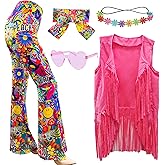 ATAMET 5 Pcs 60s 70s Hippie Costume Disco Outfits Fringe Vest Boho Bell Bottoms Peace Accessories Set Halloween for Women