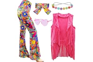 ATAMET 6 Pcs 60s 70s Hippie Costume Disco Outfits Fringe Vest Boho Bell Bottoms Peace Accessories Set Halloween for Women