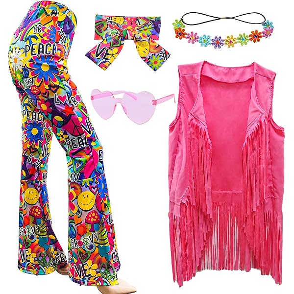 Ensemble Vêtements Hippie Années 70 Femme - Robe + Pantalon + Accessoires (bandana, Lunettes, Bijoux…) Pour Fête, Carnaval, Halloween