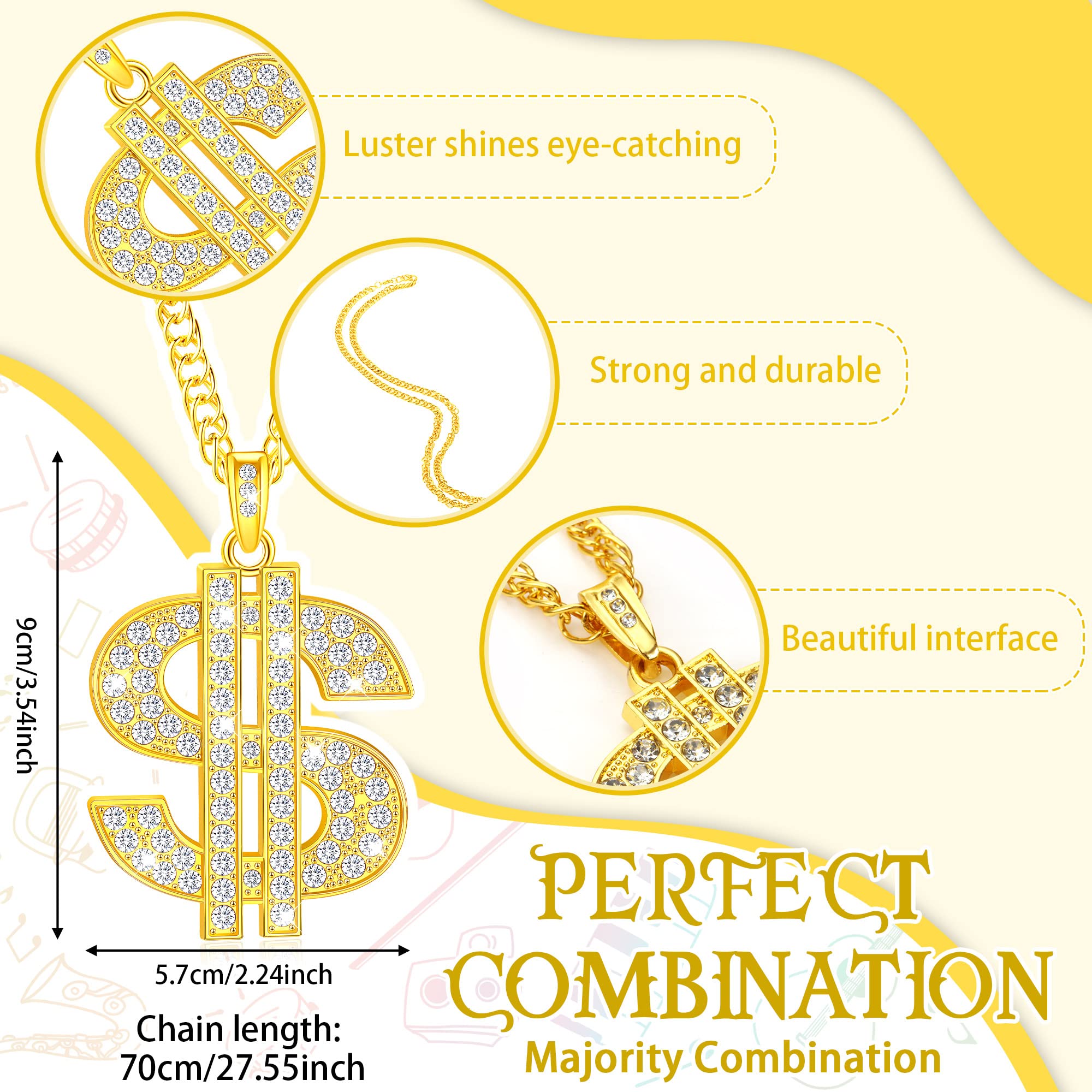 Tatuo Tatuo 2 Pieces Dollar Sign Necklaces Halloween Plated Chain for Men Hip Hop Dollar Sign Chain for Men(Blonde,Trendy Style)