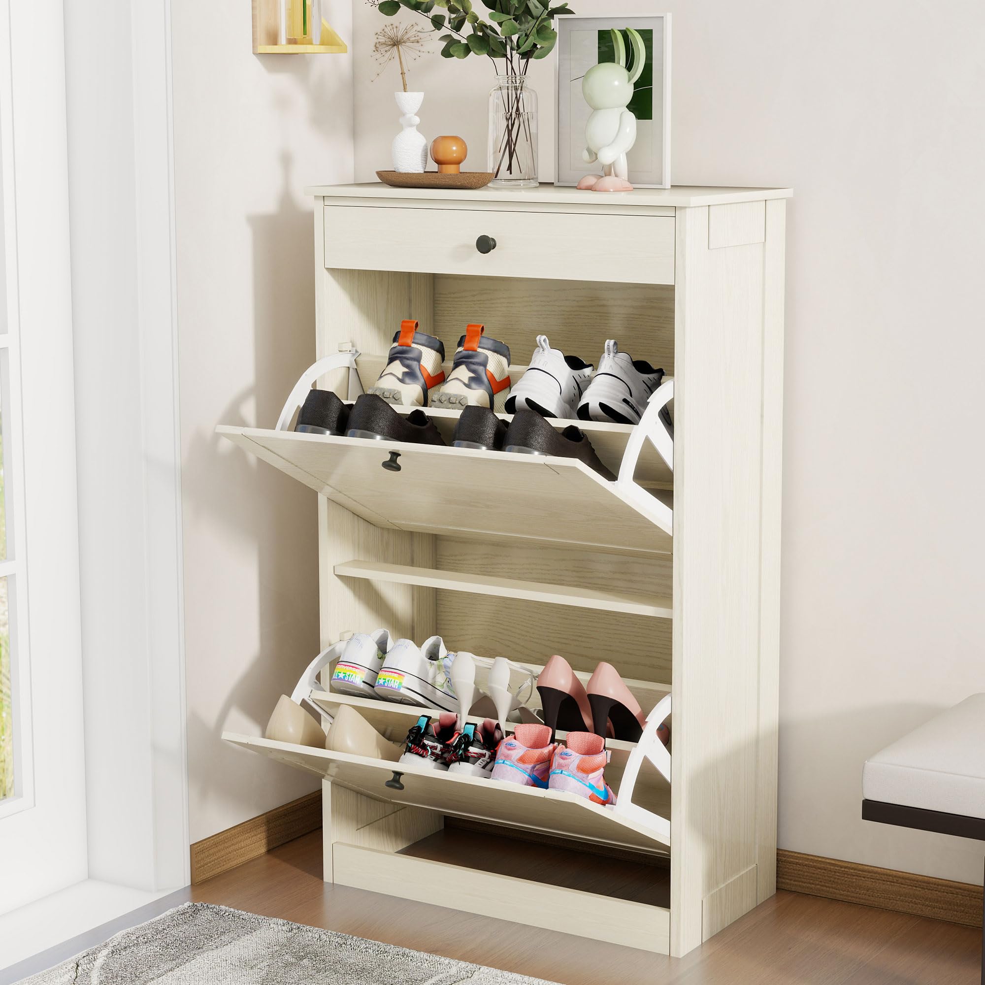 Photo 1 of FTZxHKLX Shoe Cabinet with 2 Flip Drawers, Slim Freestanding Hidden Shoe Organizer with Drawer, Pet-Proof Shoe Storage Cabinet for Entryway Living Room Behind The Door, Light Oak